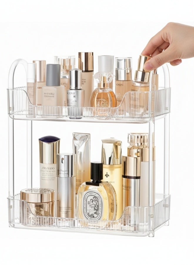 منظم مكياج أكريليك شفاف بطبقتين – رف تخزين مستحضرات التجميل والعناية بالبشرة – منظم عطور وكريمات وسيروم وزجاجات العناية – تصميم أنيق موفر للمساحة – مناسب لطاولة التسريحة والحمام وغرفة النوم – سهل التنظيف ومتين للاستخدام اليومي 30*17 سم - Image 1